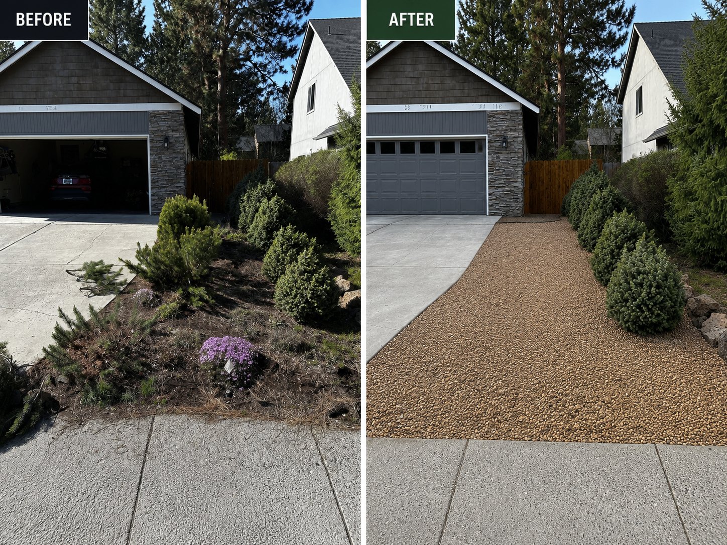 Before and after driveway-side weed removal and decorative gravel bed transformation in Redmond, OR by A1 Lawn & Landscape of Bend