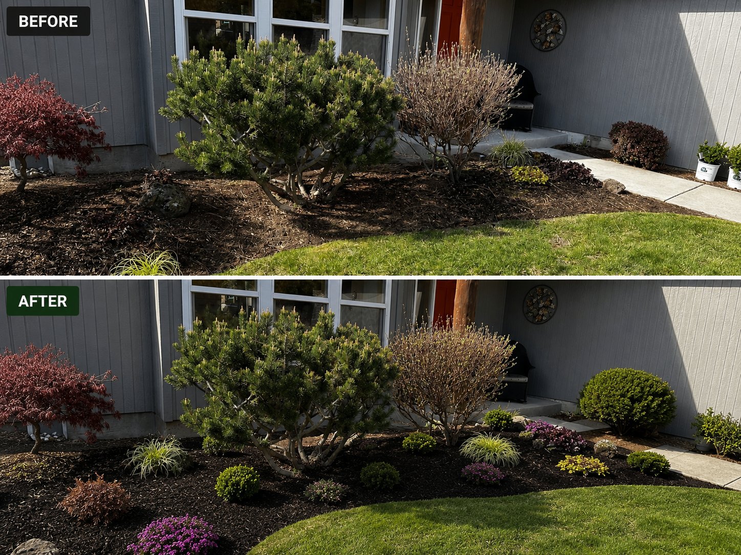 Before and after front entry landscape bed refresh with fresh mulch and new plantings in Bend, OR by A1 Lawn & Landscape of Bend