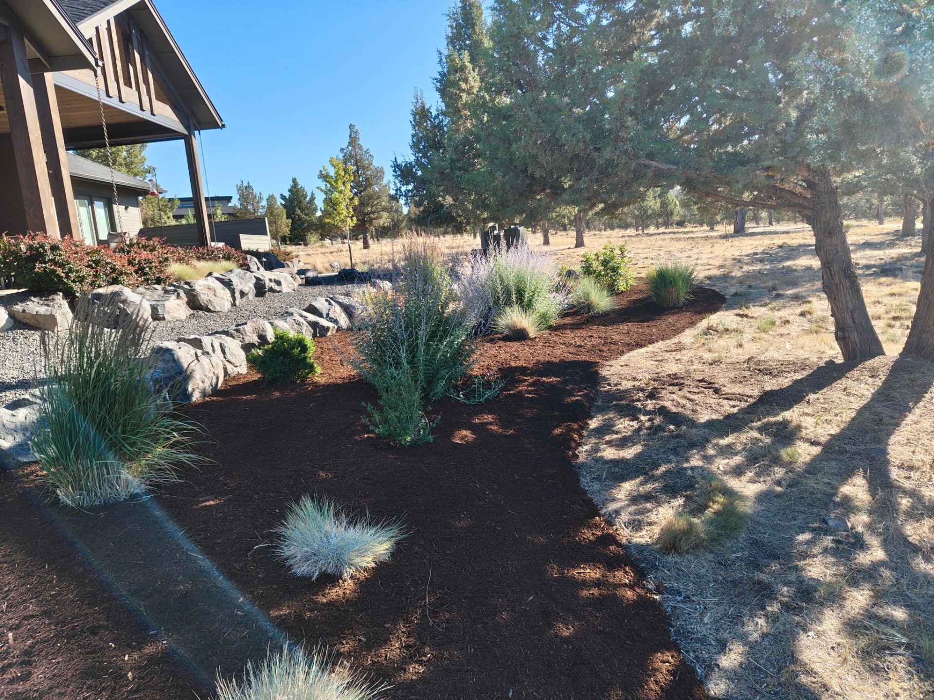 Fresh dark mulch install with boulder retaining wall and native grasses at a high-desert Bend Oregon home in Sisters, OR by A1 Lawn & Landscape of Bend