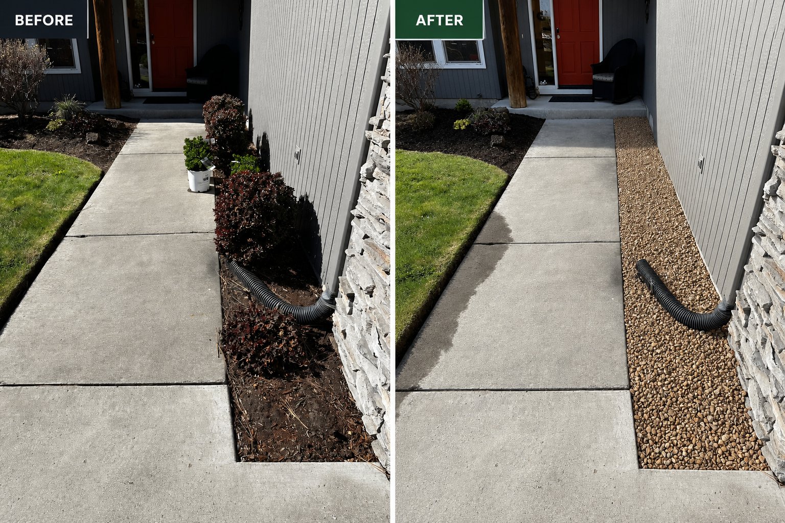 Before and after walkway drainage upgrade with river rock gravel bed in Bend, OR by A1 Lawn & Landscape of Bend